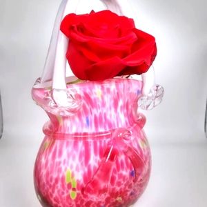 Breathtaking vase.  Hand Blown Glass Pink Art Glass Purse Vase - Murano Style.
